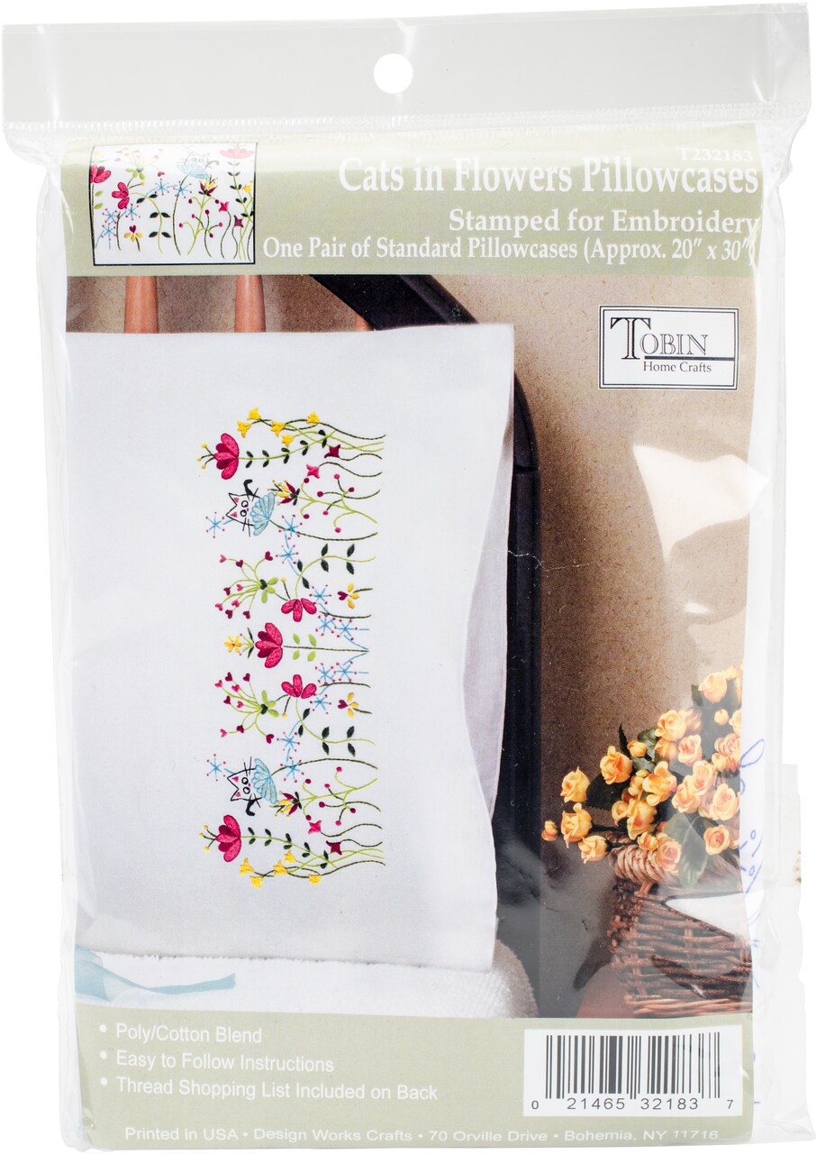 Tobin Stamped For Embroidery Pillowcase Pair 20"X30"-Cats In Flowers